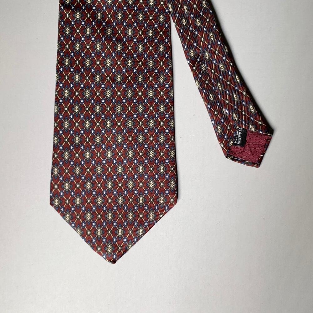 CHRISTIAN DIOR Burgundy Navy Cream Geometric Silk Tie - Picture 1 of 4